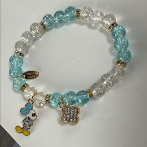 Handmade Mickey Mouse Blue and Clear Beaded Bracelet with Charms